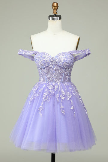 Lilac A Line Off the Shoulder Corset Cocktail Dress with Appliques